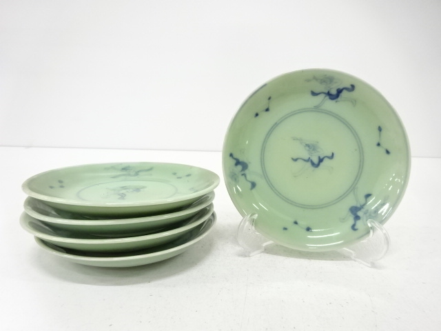 JAPANESE CERAMICS / SMALL PLATE / SET OF 5 / CELADON GLAZE / PERSON